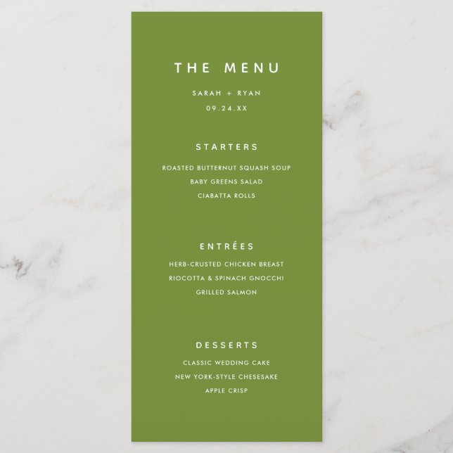 Modern Minimal Olive Green Custom Wedding Menu (Front)
