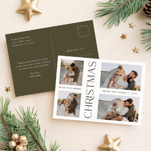 Modern Minimal Olive Green Four Photo Christmas Holiday Postcard