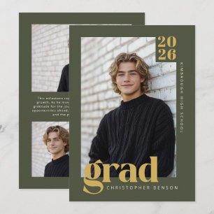 Modern Minimal Olive Green Gold Photo Graduation Invitation