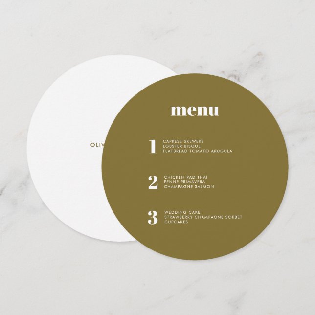 Modern Minimal Olive Green Round Circle Wedding Menu (Front/Back)