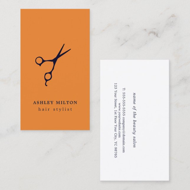 Modern Minimal Orange Blue Scissors Hairstylist Business Card (Front/Back)
