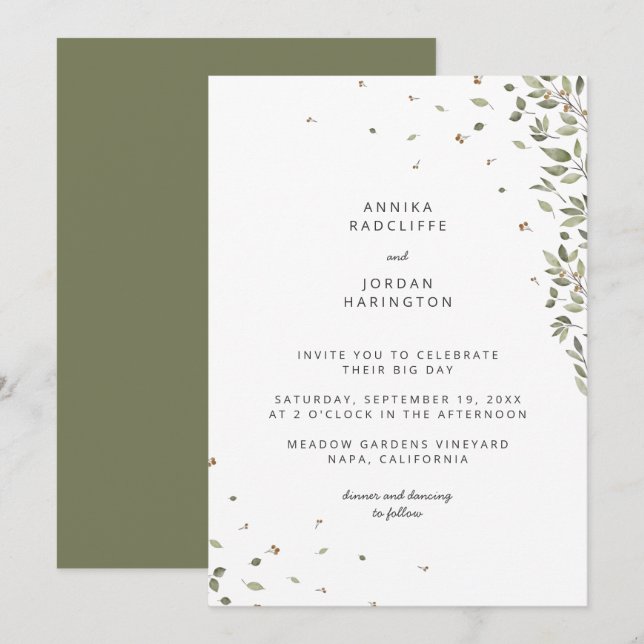 Modern Minimal Organic Greenery Wedding Invitation (Front/Back)