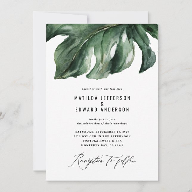 Modern minimal palm leaf foliage wedding announcement (Front)