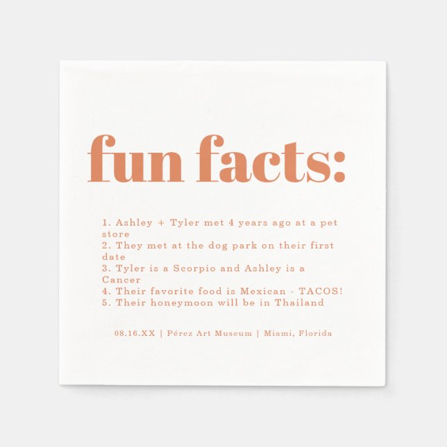 Modern Minimal Papaya | Fun Facts Wedding Napkin (Front)