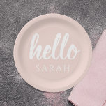Modern Minimal Pastel Pink Hello And You Name Paper Plate<br><div class="desc">Modern Minimal Pastel Pink Hello And You Name</div>
