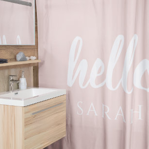 Modern Minimal Pastel Pink Hello And You Name Shower Curtain