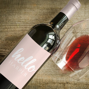 Modern Minimal Pastel Pink Hello And You Name Wine Label