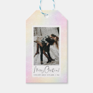 Modern Minimal Pastel Wavy Guilloché Couple Photo Gift Tags