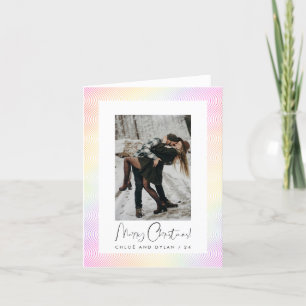 Modern Minimal Pastel Wavy Guilloché Couple Photo Holiday Card