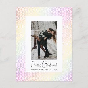 Modern Minimal Pastel Wavy Guilloché Couple Photo Holiday Postcard