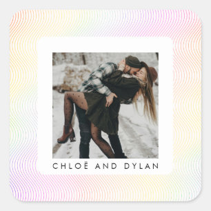Modern Minimal Pastel Wavy Guilloché Couple Photo Square Sticker