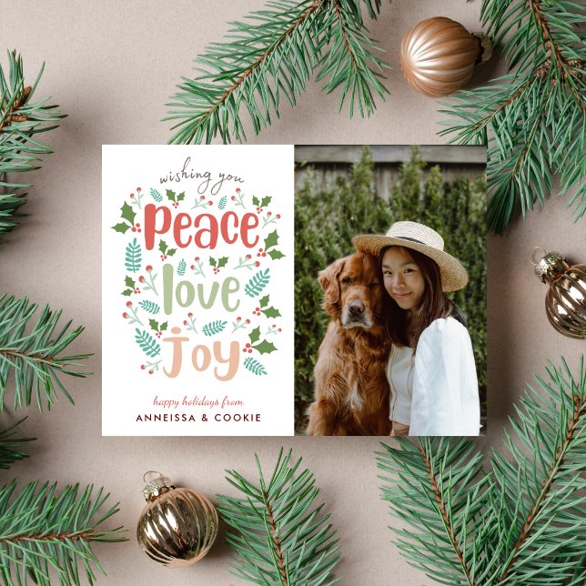 Modern Minimal Peace Love Joy Dog Photo Holiday Card (Creator Uploaded)