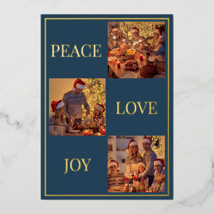 Modern Minimal Peace Love & Joy Family Photo Foil Holiday Card