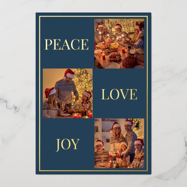 Modern Minimal Peace Love & Joy Family Photo Foil Holiday Card (Front)