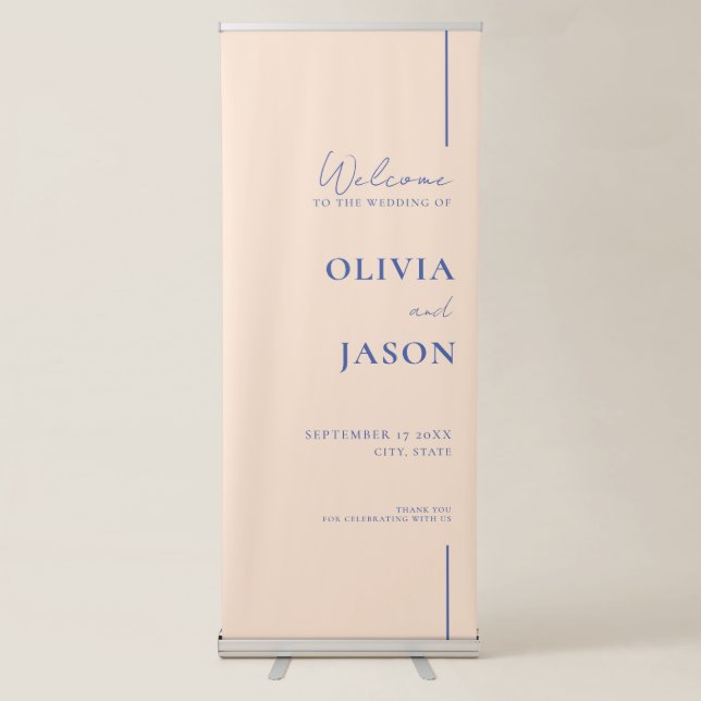 Modern Minimal Peach Blue Wedding Welcome Retractable Banner (Front)
