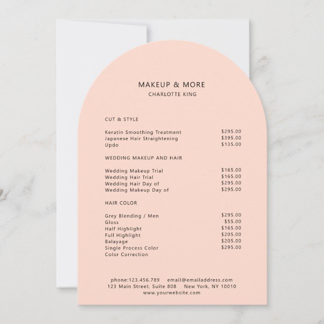 Modern, Minimal, Peach, Salon Price List  Invitation (Front)