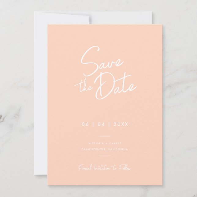 Modern Minimal Peach Script Photo Wedding Save The Save The Date (Front)
