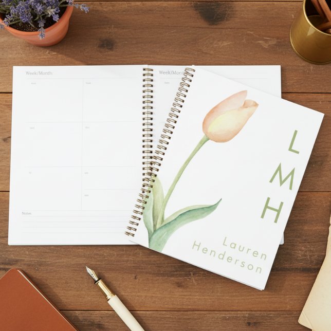 Modern Minimal Peach Watercolor Tulip Monogram Planner (Creator Uploaded)