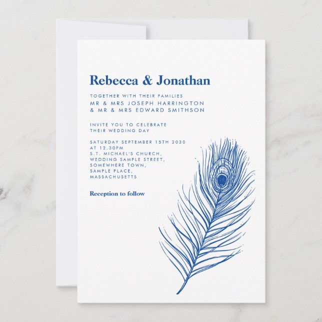 Modern Minimal Peacock Feather Blue Wedding Invitation (Front)