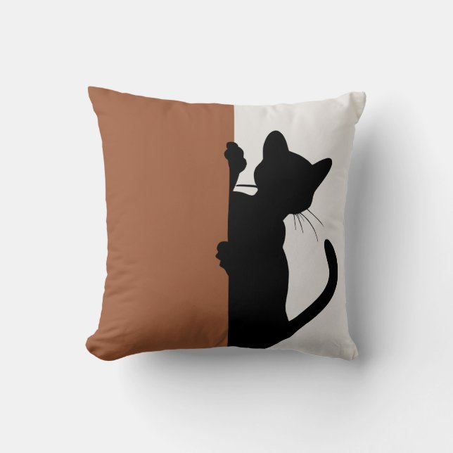 Modern Minimal Peeking Cat Rust Brown Cushion (Front)