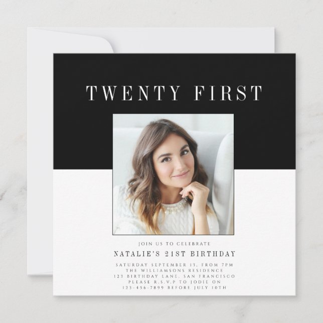 Modern minimal photo 21st birthday  invitation (Front)
