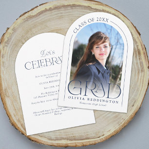 Modern Minimal Photo Arch Navy Blue Grad Party Invitation
