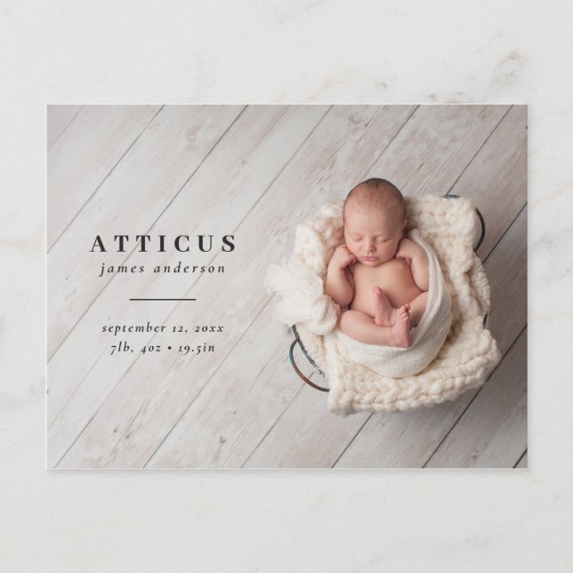 Modern, minimal photo birth announcement postcard (Front)