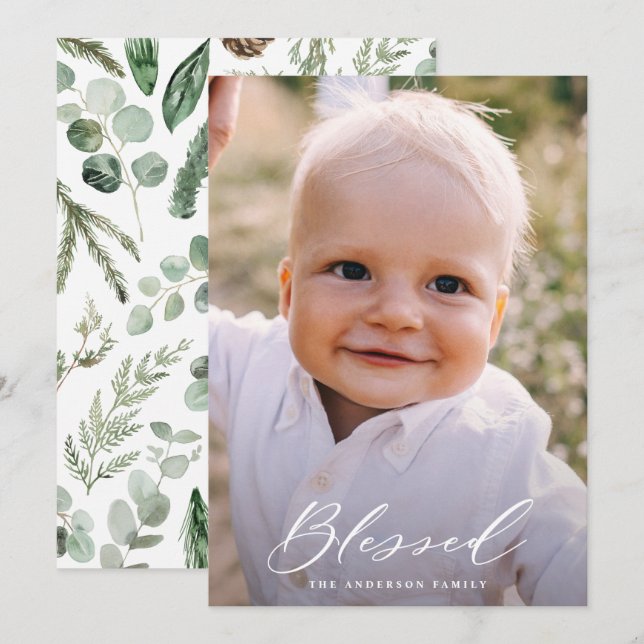 Modern minimal photo blessed Christmas chic script Holiday Card (Front/Back)