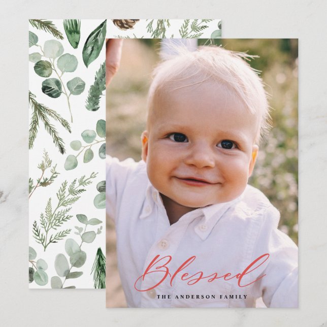 Modern minimal photo blessed Christmas chic script Holiday Card (Front/Back)