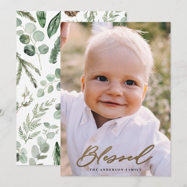 Modern minimal photo blessed Christmas chic script Holiday Card (Front/Back)