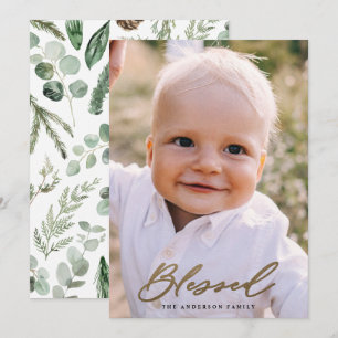 Modern minimal photo blessed Christmas chic script Holiday Card