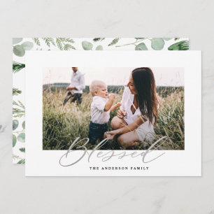 Modern minimal photo Christmas blessed script Holiday Card