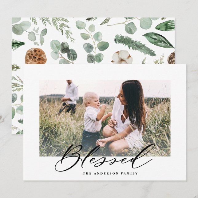 Modern minimal photo Christmas blessed script Holiday Card (Front/Back)