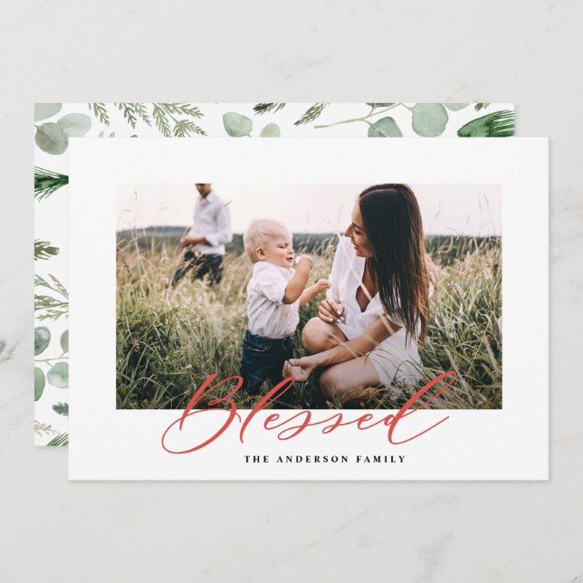 Modern minimal photo Christmas blessed script Holiday Card (Front/Back)
