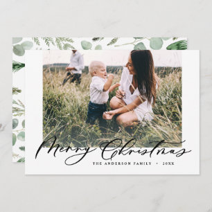 Modern minimal photo Christmas elegant chic script Holiday Card