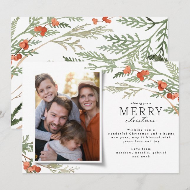 Modern minimal photo Christmas elegant eucalyptus Holiday Card (Front/Back)