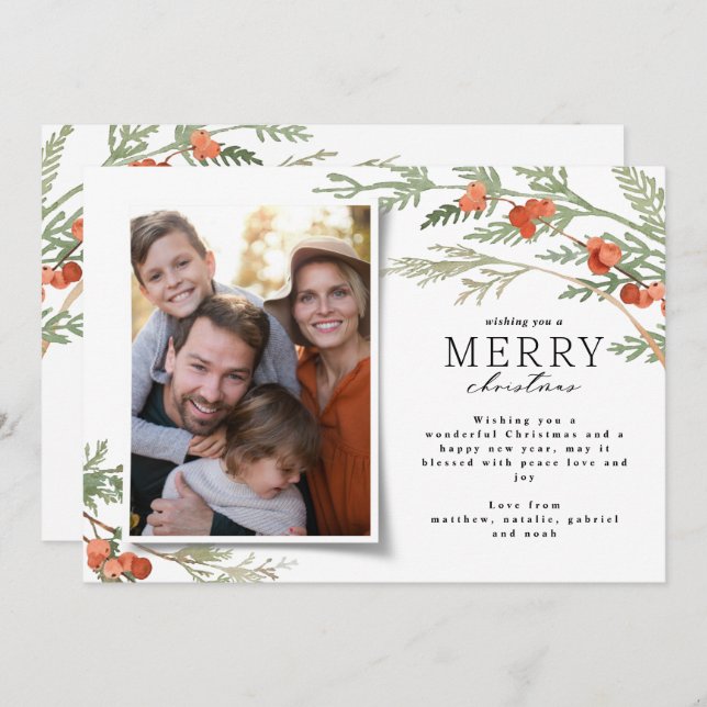 Modern minimal photo Christmas elegant eucalyptus Holiday Card (Front/Back)