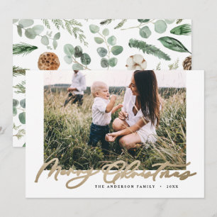 Modern minimal photo Christmas elegant gold script Holiday Card
