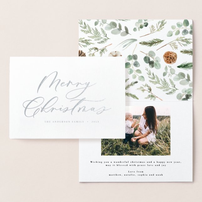 Modern minimal photo Christmas elegant script Foil Card (Display)