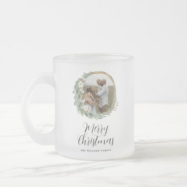 Modern minimal photo Christmas elegant script Frosted Glass Coffee Mug (Left)