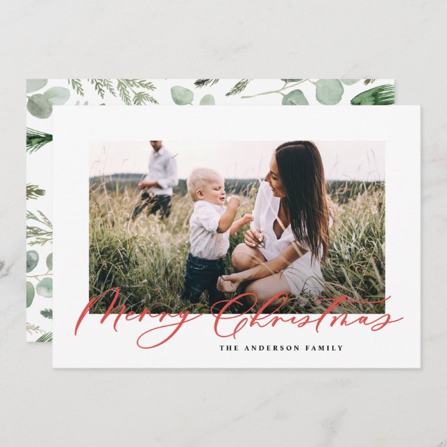 Modern minimal photo Christmas elegant script Holiday Card (Front/Back)