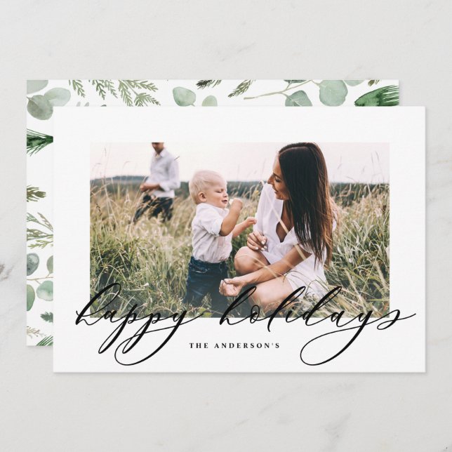 Modern minimal photo Christmas elegant script Holiday Card (Front/Back)