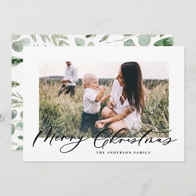 Modern minimal photo Christmas elegant script Holiday Card (Front/Back)