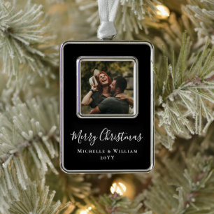 Modern Minimal Photo Christmas Script Black Silver Plated Framed Ornament