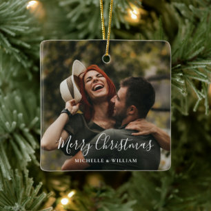 Modern Minimal Photo Christmas Script Ceramic Ornament