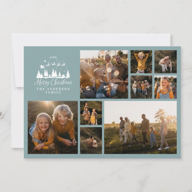 Modern minimal photo collage Christmas dusty blue Holiday Card (Front)