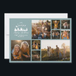 Modern minimal photo collage Christmas dusty blue Holiday Card<br><div class="desc">Modern minimal script holiday photo collage dusty blue and white Christmas card. Traditional Father Christmas Santa and sleigh shilouette design.</div>