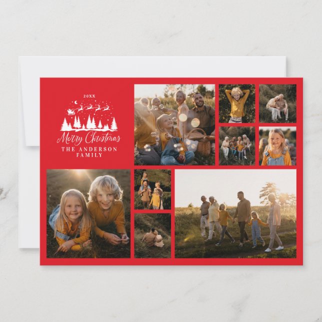 Modern minimal photo collage Christmas elegant red Holiday Card (Front)