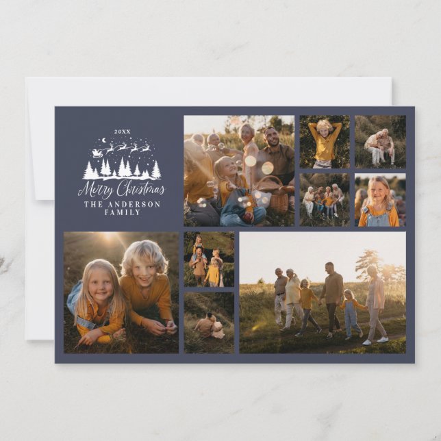 Modern minimal photo collage Christmas navy blue Holiday Card (Front)