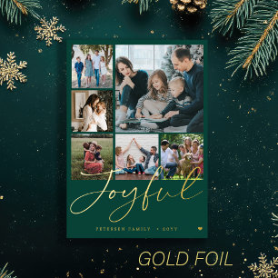 Modern minimal photo collage Joyful Christmas gold Foil Holiday Card